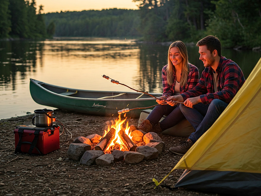 Ein junges Paar sitzt bei Sonnenuntergang am Ufer eines ruhigen Sees vor einem Lagerfeuer. Sie rösten Marshmallows über dem Feuer, im Hintergrund liegt ihr grünes Kanu im Wasser. Ein Zelt und eine Kühlbox stehen daneben – die Szene strahlt Ruhe, Naturverbundenheit und gemeinsames Outdoor-Erleben aus.