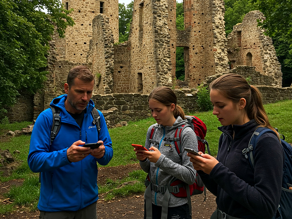 Das Bild zeigt drei Wanderer – einen Mann und zwei junge Frauen – die nebeneinander vor einer alten Burgruine stehen und konzentriert auf ihre Smartphones blicken. Sie tragen wetterfeste Outdoor-Kleidung und Rucksäcke. Die Szene vermittelt, dass sie mitten in einem Online-Escape-Spiel sind, das sie während ihrer Wanderung spielen. Im Hintergrund ist die teils verfallene Ruine aus hellem Stein zu sehen, umgeben von grüner Natur.