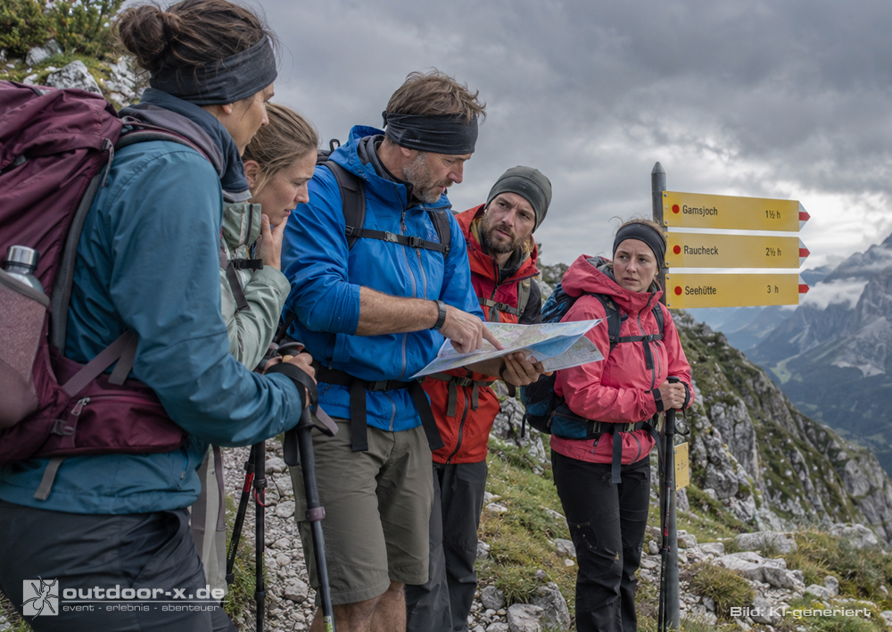 Umkehren beim Bergwandern: Wandergruppe mit Tourenleiter bei der Routenbesprechung in den Alpen.