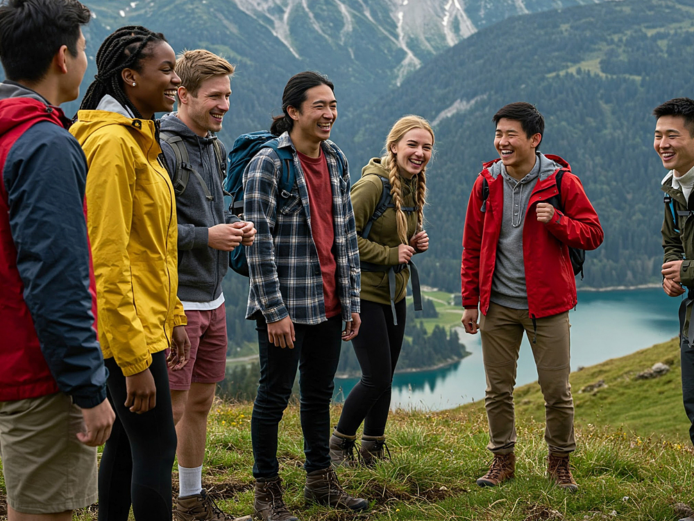 **Alt-Text:** Das Bild zeigt eine fröhliche Gruppe junger Menschen unterschiedlichen Hintergrunds beim Wandern in den Bergen. Sie stehen auf einer Wiese mit Blick auf einen türkisfarbenen Bergsee und bewaldete Hänge. Alle tragen moderne, farbenfrohe Outdoor-Kleidung und lachen miteinander in entspannter Atmosphäre.