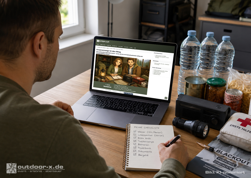 Teilnehmer absolviert den Online-Kurs Krisenvorsorge für den Alltag der Outdoor-X Academy und setzt Vorsorgemaßnahmen direkt zuhause um.