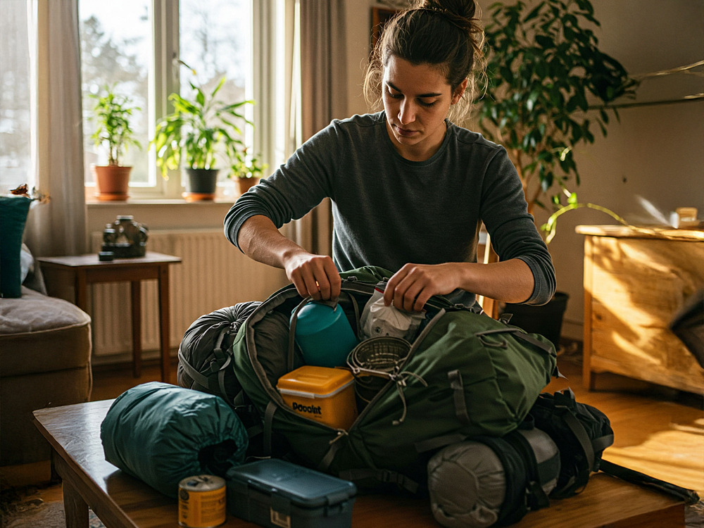 Das Bild zeigt eine junge Frau mit dunklem, hochgestecktem Haar, die in einem gemütlich eingerichteten Wohnzimmer ihren großen, grünen Wanderrucksack für eine Mehrtagestour packt. Sie sitzt an einem Holztisch, auf dem Campingausrüstung wie eine Isomatte, ein Kocher, Vorratsdosen, ein blauer Becher und Konservendosen ordentlich verteilt liegen. Im Hintergrund stehen Pflanzen am Fenster, durch das warmes Tageslicht hereinfällt.