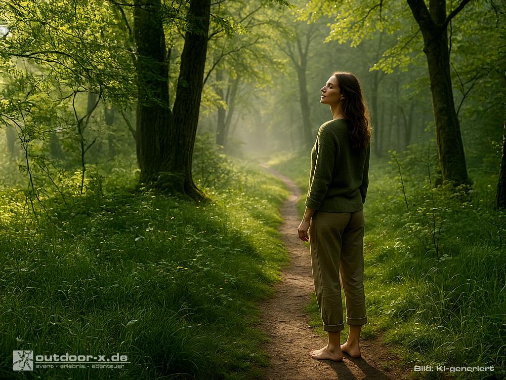 Das Bild zeigt eine barfuß stehende Frau in legerer Freizeitkleidung auf einem engen Waldpfad, umgeben von dichtem, moosbewachsenem Grün und sanftem Morgennebel, durch den Lichtstrahlen brechen.