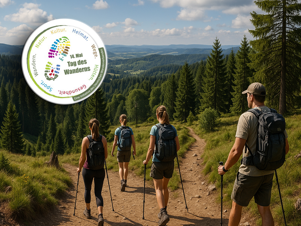 Das Bild zeigt vier Wanderer, zwei Männer und zwei Frauen, die mit Rucksäcken und Wanderstöcken auf einem Waldweg durch eine hügelige, grüne Landschaft mit dichten Nadelwäldern wandern. Am oberen Bildrand ist ein rundes Logo eingeblendet mit bunten Fußabdrücken und dem Text: „14. Mai – Tag des Wanderns“. Um das Logo stehen Begriffe wie „Natur“, „Kultur“, „Heimat“, „Gesundheit“, „Sport“ und „Wandern“.