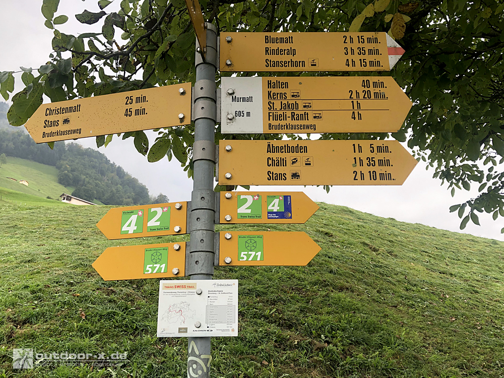 Das Bild zeigt einen mehrarmigen Wanderwegweiser auf einer grünen Wiese in der Zentralschweiz. Die gelben Schilder geben Richtungen und Gehzeiten zu Zielen wie Stans, Bluematt und Stanserhorn an. Zusätzlich sind Wanderwegnummern wie „4“, „2\*“ und „571“ sowie Symbole für Busverbindungen und Pilgerwege zu sehen. Im Hintergrund erstreckt sich eine hügelige Landschaft mit vereinzelten Bäumen und Höfen.