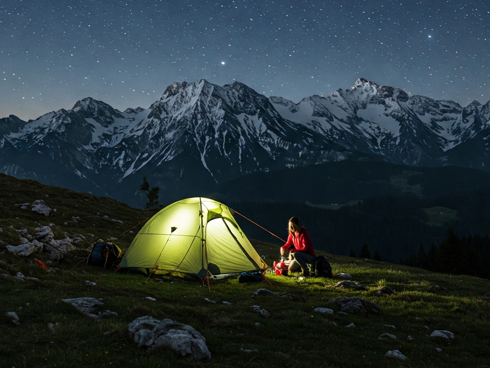 Das Bild zeigt eine Person, die nachts neben einem beleuchteten Zelt in einer alpinen Berglandschaft sitzt. Der Himmel ist klar und voller Sterne, im Hintergrund erheben sich schneebedeckte Gipfel. Die Szene strahlt Ruhe, Naturverbundenheit und Abenteuerlust aus.
