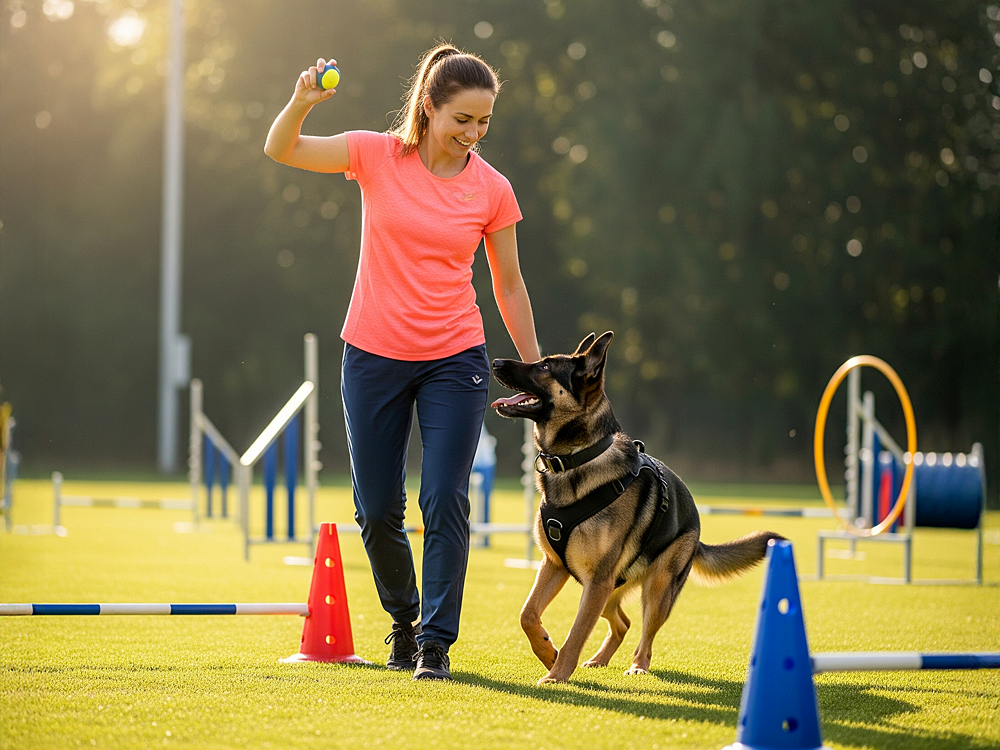 **Alt-Text:** Das Bild zeigt eine junge Frau in sportlicher Kleidung, die mit einem Deutschen Schäferhund auf einem gut ausgestatteten Hundeplatz trainiert. Die Frau trägt ein pinkes T-Shirt und blaue Trainingshose und hält einen kleinen Ball in der erhobenen Hand. Der Hund, der ein Geschirr trägt, schaut sie aufmerksam an und läuft neben ihr durch einen Parcours mit bunten Hütchen, Hürden und Reifen. Die Szene ist von Sonnenlicht durchflutet, im Hintergrund sind unscharf Bäume und weitere Trainingsgeräte zu erkennen.