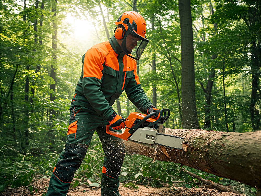 Das Bild zeigt einen Waldarbeiter in kompletter Schutzkleidung – bestehend aus orange-grünem Overall, Helm mit Visier und Gehörschutz – der mit einer Motorsäge einen liegenden Baumstamm zersägt. Um ihn herum befindet sich ein dichter, grüner Laubwald, durch den Sonnenlicht scheint. Holzspäne fliegen durch die Luft – die Szene vermittelt körperliche Arbeit, Konzentration und den respektvollen Umgang mit der Natur.