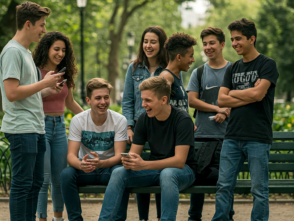 Eine Gruppe von acht Jugendlichen steht und sitzt lachend in einem Park. Sie unterhalten sich, einige halten Smartphones in der Hand. Die Stimmung ist fröhlich und unbeschwert. Im Hintergrund sind Bäume und Grünflächen zu sehen.
