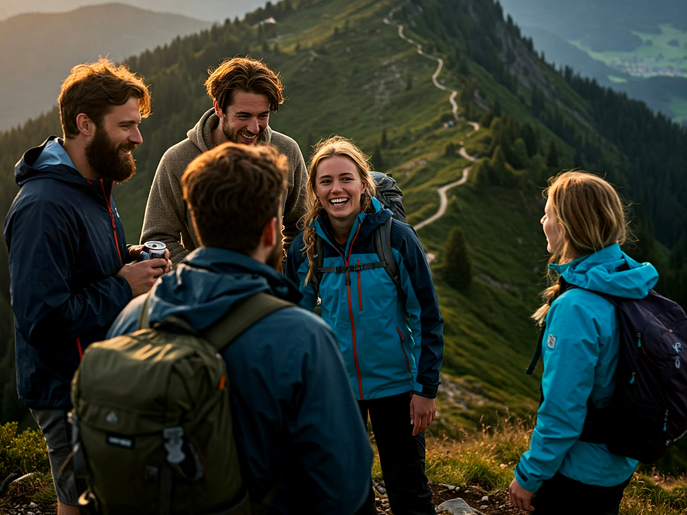 Das Bild zeigt eine fröhliche Wandergruppe aus fünf jungen Erwachsenen, die auf einem Berggipfel inmitten beeindruckender Natur stehen. Sie tragen wetterfeste Outdoor-Kleidung und Rucksäcke – offenbar sind sie gemeinsam auf Tour. Die Gruppe lacht und unterhält sich lebhaft, während im Hintergrund ein schmaler Bergpfad über die grünen Höhenzüge in die Ferne führt. Die Szene strahlt Leichtigkeit, Freundschaft und den Zauber gemeinsamer Erlebnisse in der Natur aus.