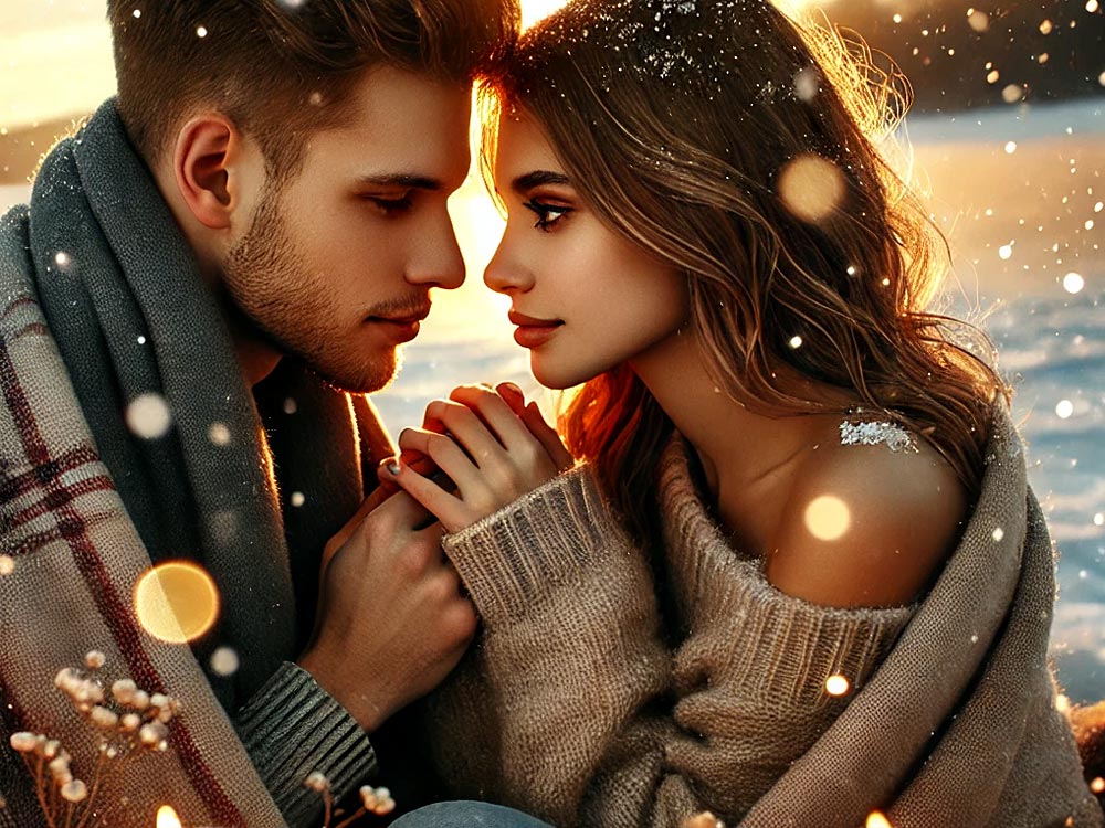 Das Bild zeigt ein verliebtes Paar in einer winterlichen Umgebung. Sie sitzen eng beieinander, eingehüllt in warme Strickpullover und eine kuschelige Decke. Der Mann hat einen Schal umgelegt, während die Frau sanft Schnee auf ihrer Schulter trägt. Ihre Hände sind ineinander verschränkt, und sie schauen sich tief in die Augen mit einem zärtlichen Lächeln. Um sie herum leuchten Kerzen und kleine Lichter, während sanfte Schneeflocken fallen. Im Hintergrund erstreckt sich eine winterliche Landschaft mit einem gefrorenen See und einem warmen Sonnenuntergang, der eine romantische Atmosphäre schafft.