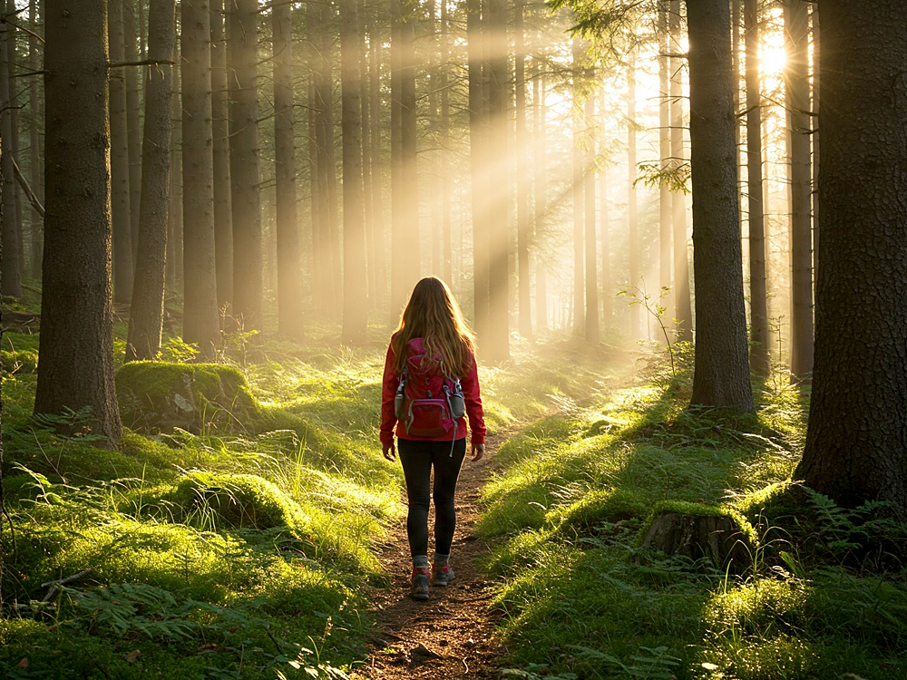 Das Bild zeigt eine Person mit langen Haaren, die mit einem roten Rucksack auf einem schmalen Waldweg wandert. Die Sonne strahlt durch die hohen Bäume und taucht den moosbedeckten Waldboden in warmes, goldenes Licht. Die Atmosphäre wirkt ruhig und friedlich, ideal für einen erholsamen Spaziergang in der Natur.